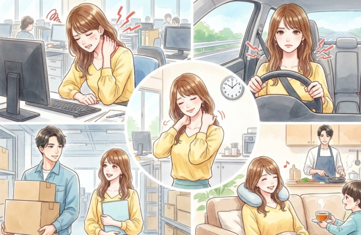 デスクワークで首に手を当てている女性