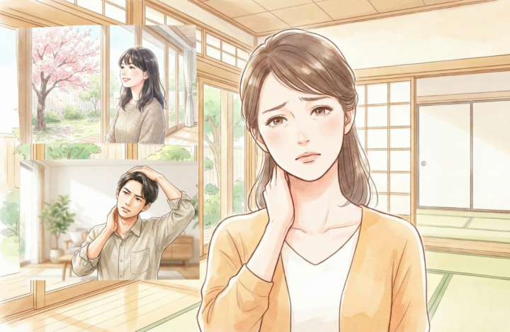 首ストレッチをしている30代の男性