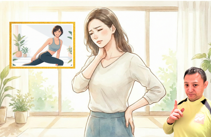 首に手を当てている40代の女性