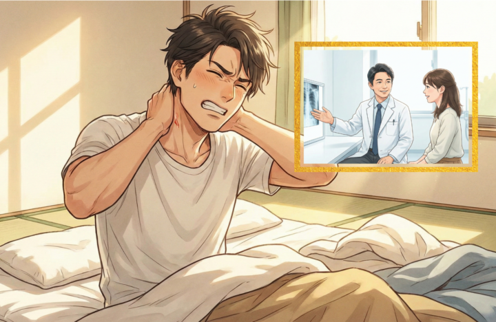 首に手を当てている３０代の男性