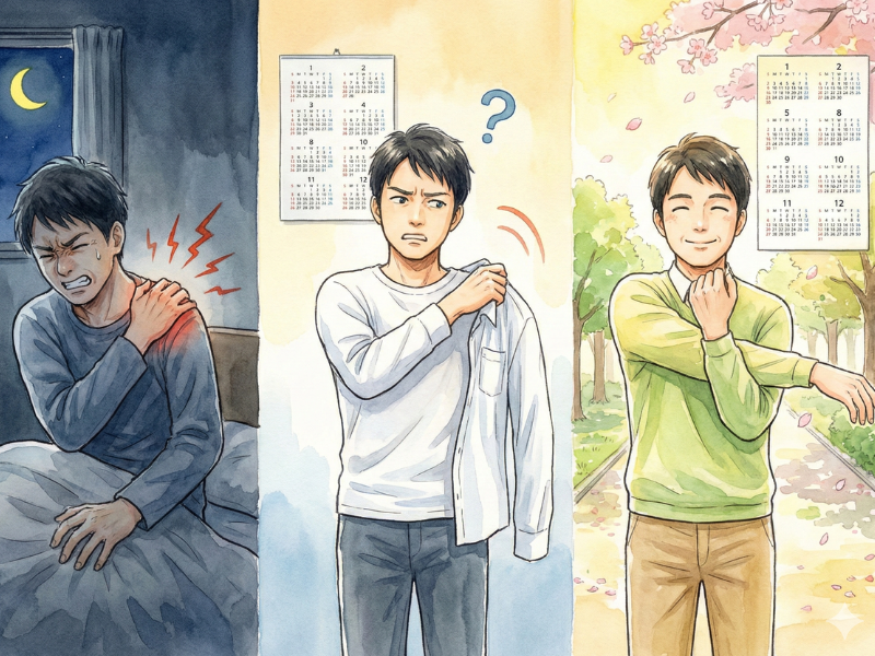 肩に手を当てている40代の男性