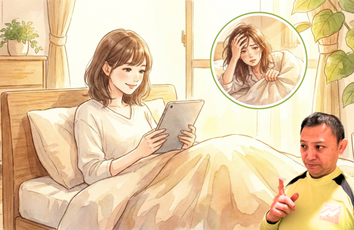 布団の中でタブレットを見ている３０代の女性