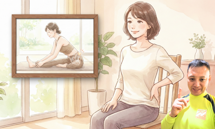 座って骨盤に手を当てている40代後半の女性