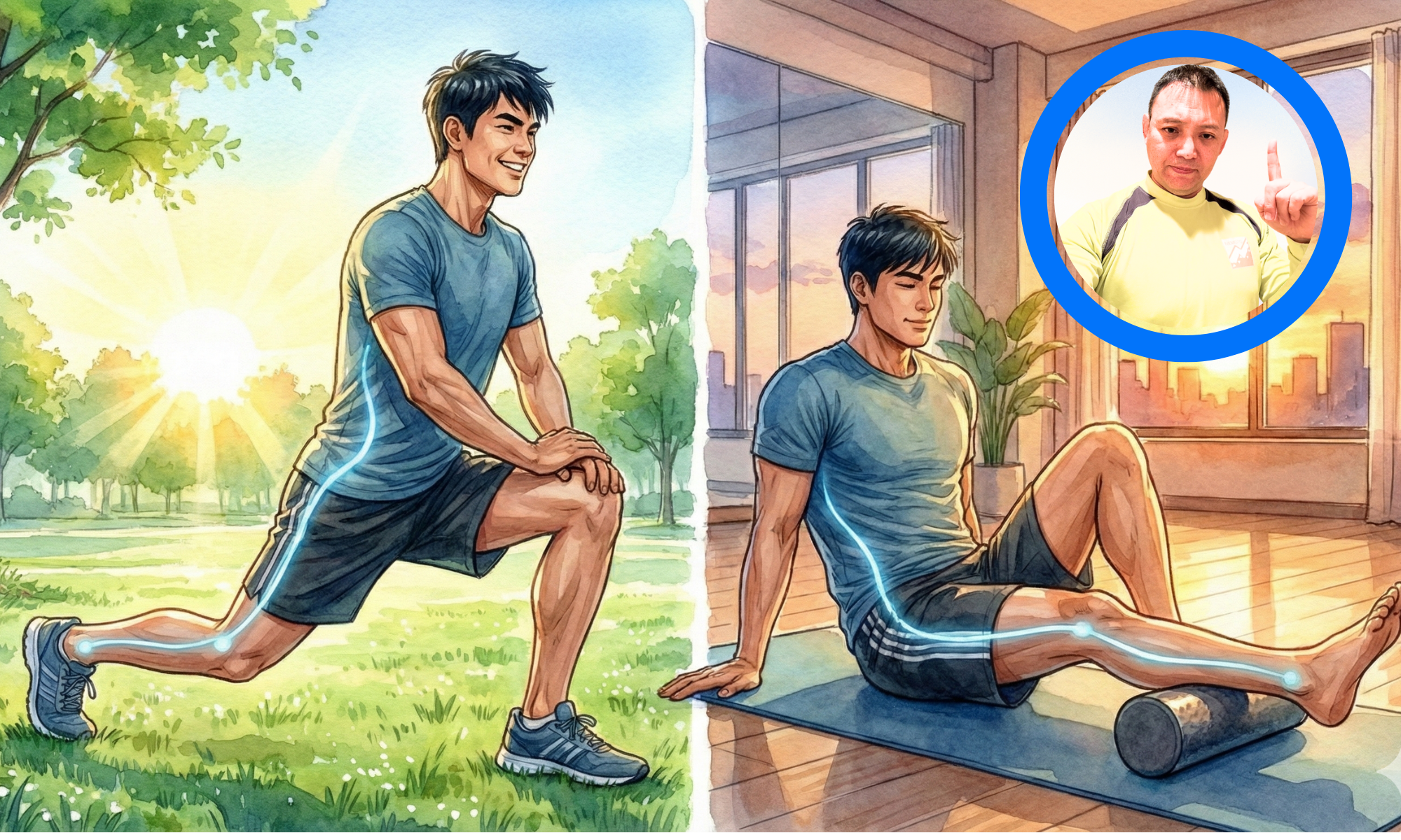 運動後のケアをしている30代の男性