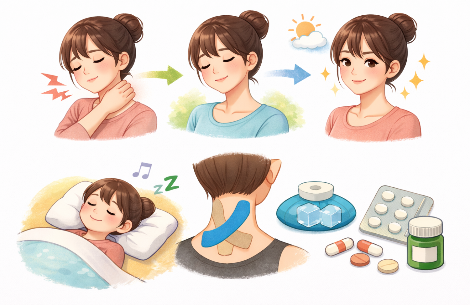 首に手を当てている30代の女性