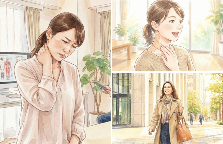 首に手を当てている30代の女性