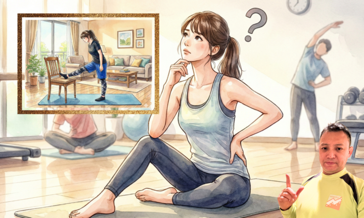 椅子を使用してストレッチをしている３０代女性