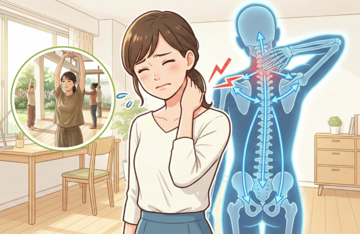 首に手を当てている30代の女性