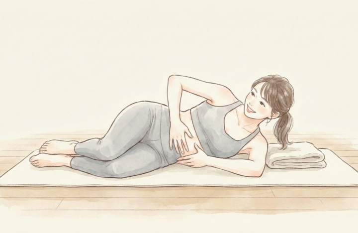 横向いて起きようとしている４０代の女性