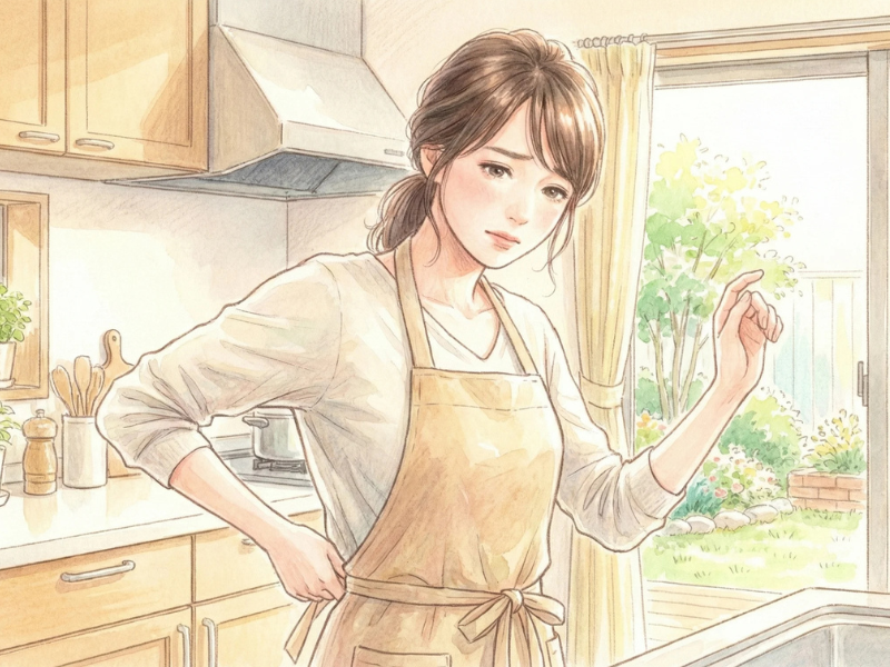 家事をしながら腰に手を当てている女性