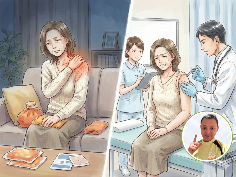 肩に手を当てている50代の女性