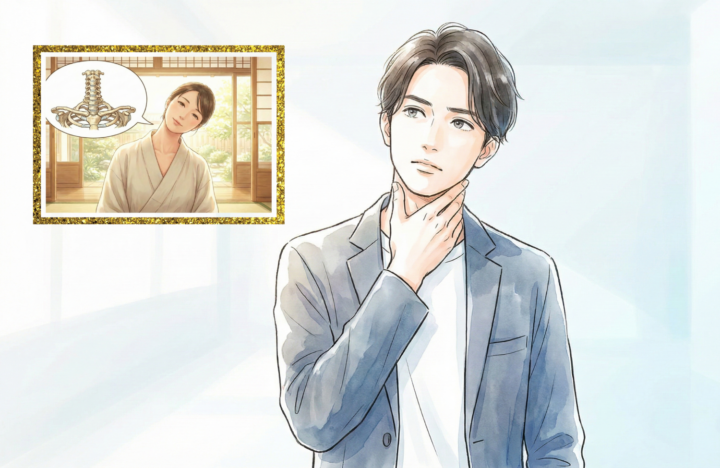 首に手を当てて考えている４０代の男性