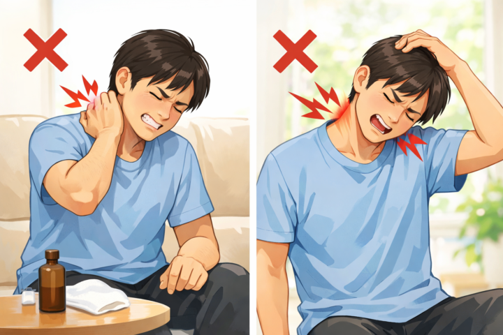 首に手を当てている20代後半の男性