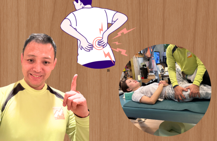 腰を抑えている男性　整体を受けている女性