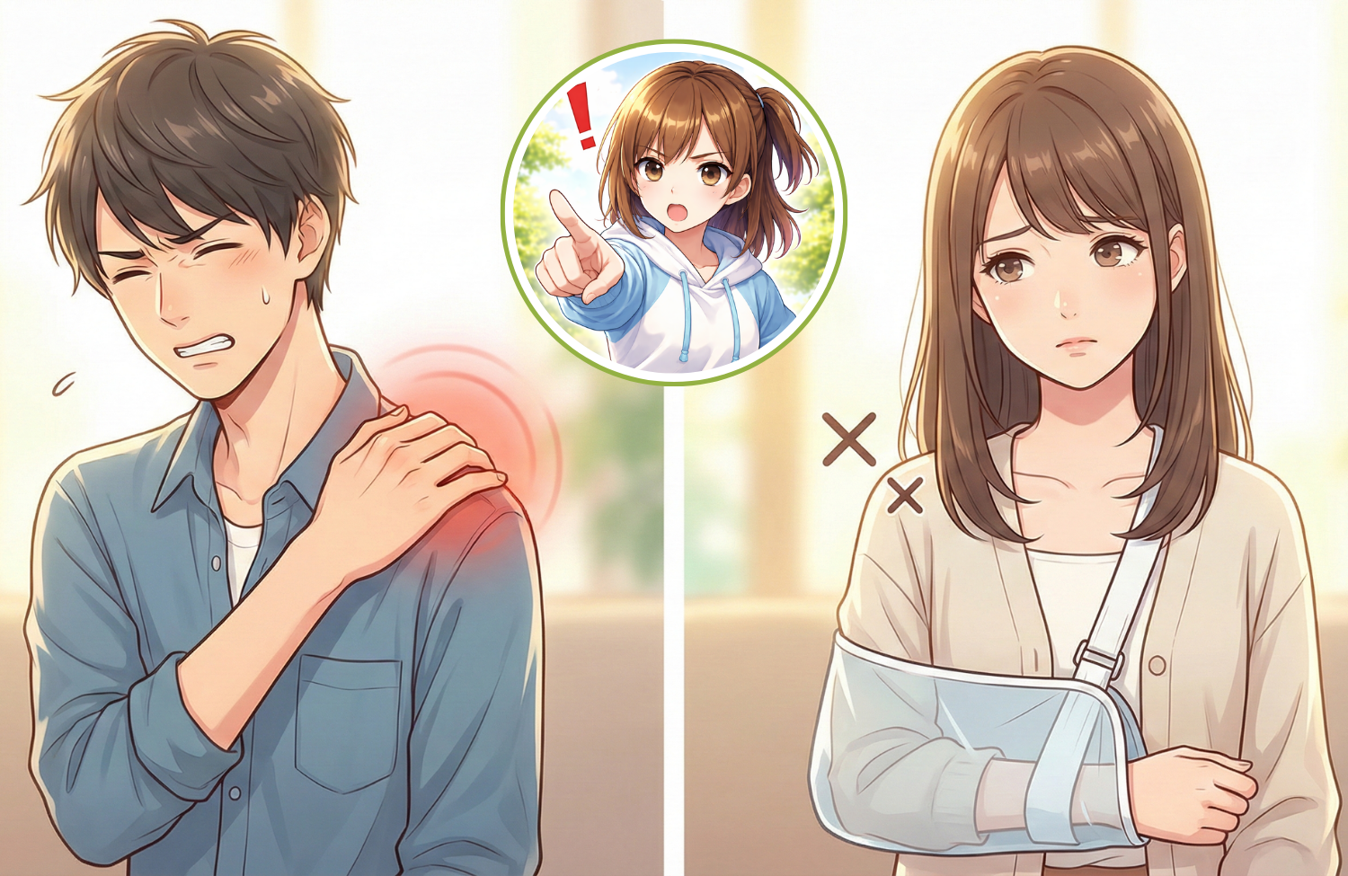 肩に手を当てている３０代後半の男性