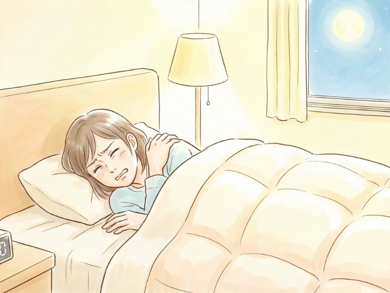 寝ながら肩に手を当てている女性