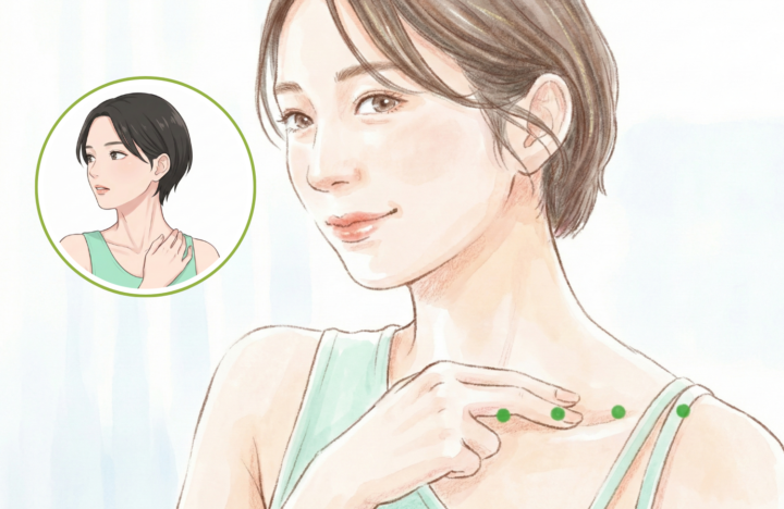 左側の鎖骨に手を当てている女性