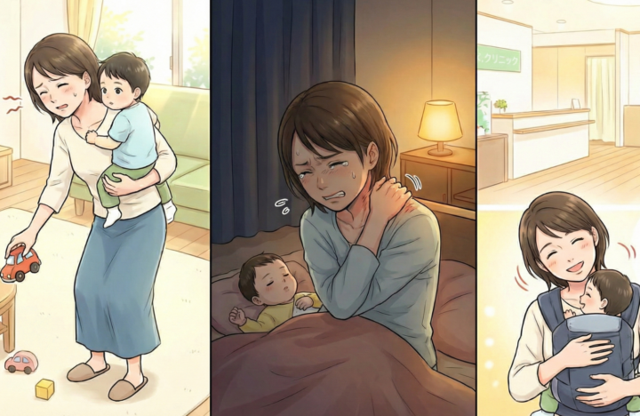 夜になって首に手を当てている女性