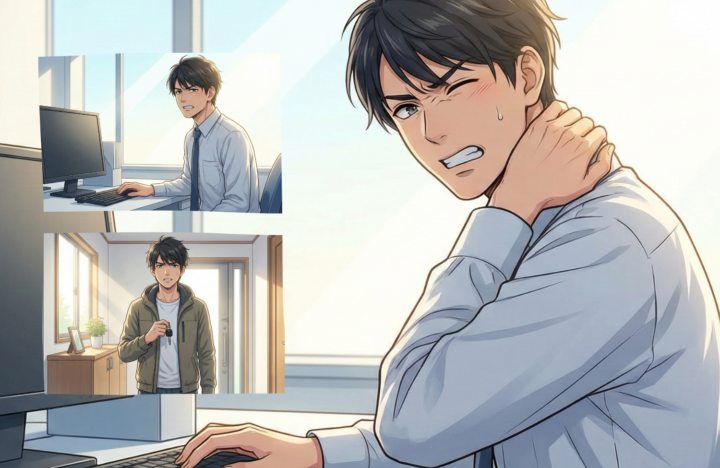 首に手を当てている３０代半ばの男性