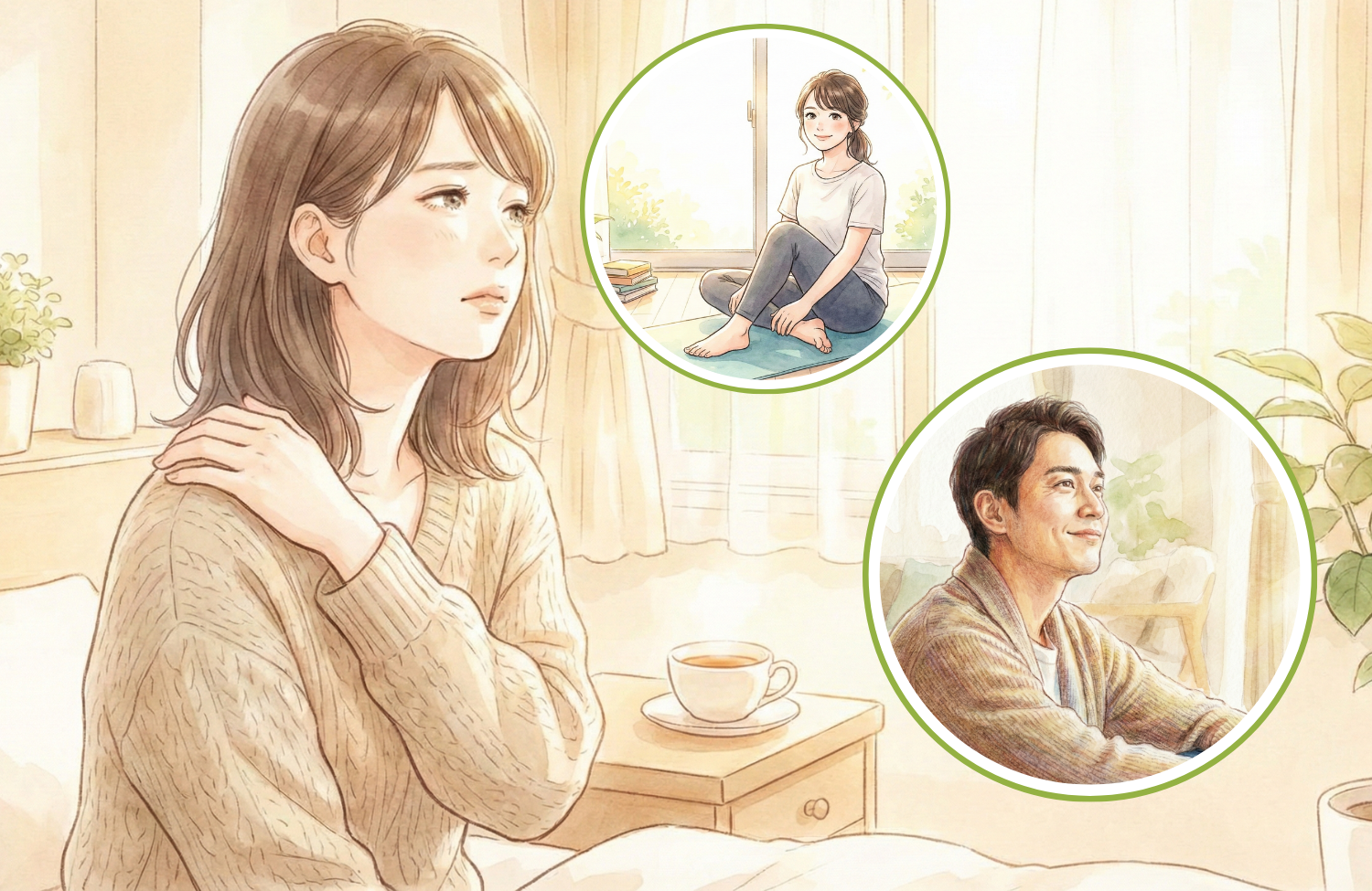 肩に手を当てている30代の女性” style=