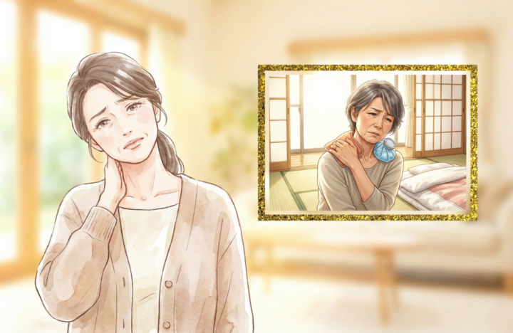 首に手を当てている50代の女性