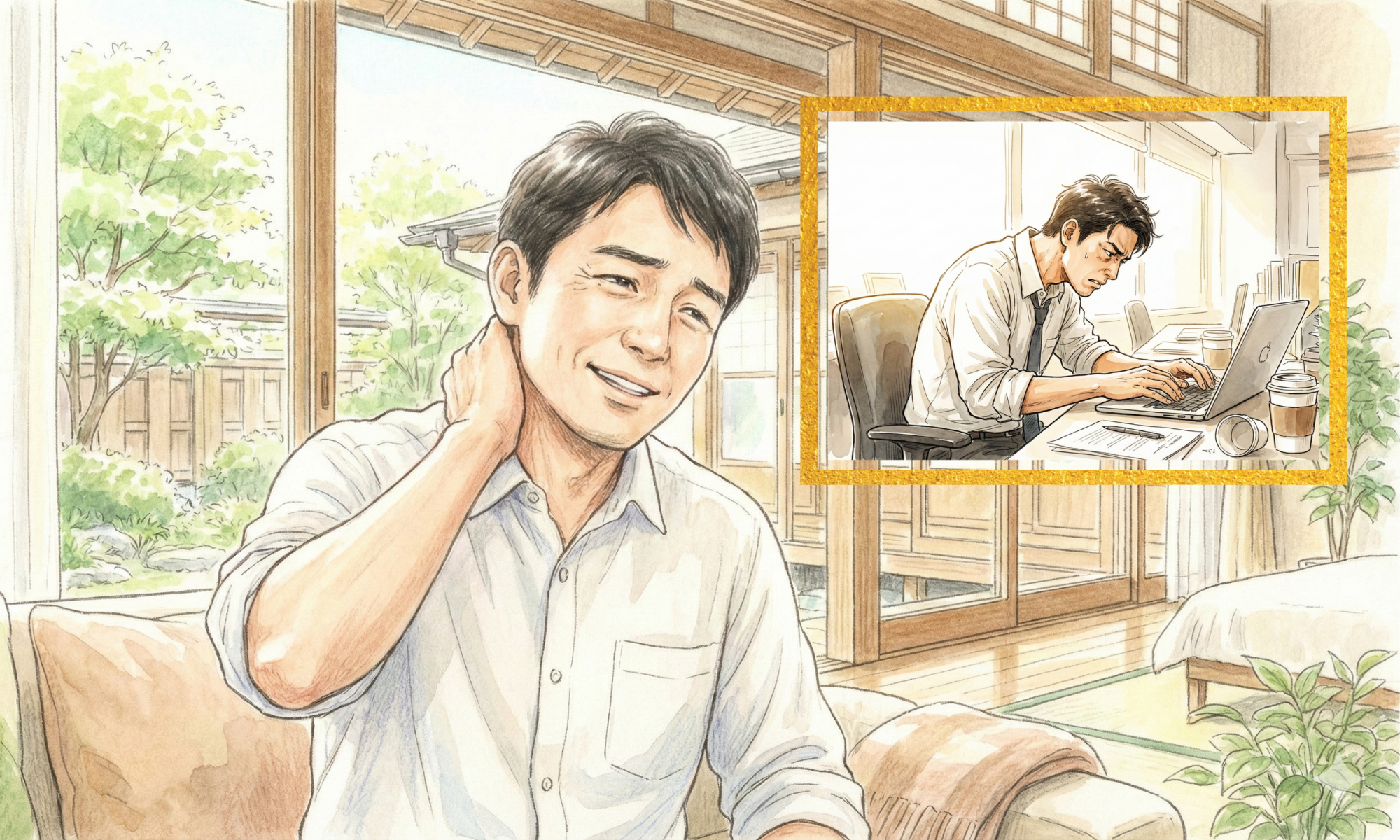 首に手を当てている50代の男性