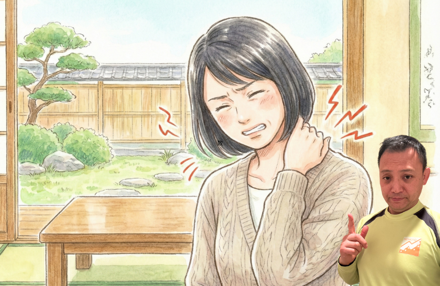 首をおさえている女性