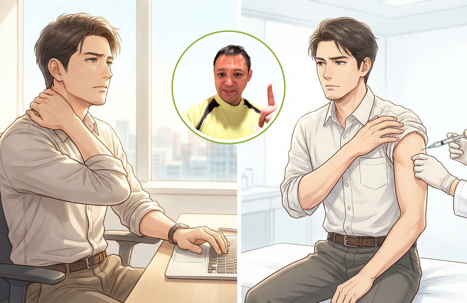 首に手を当てている30代の男性