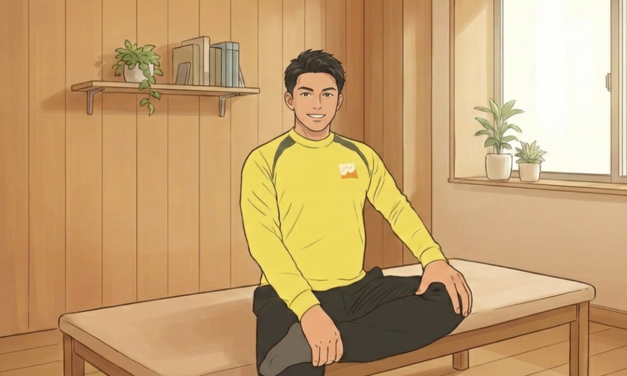 左の股関節のストレッチしている4０代の男性