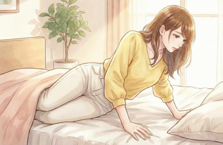 腕の力で起きようとしている女性