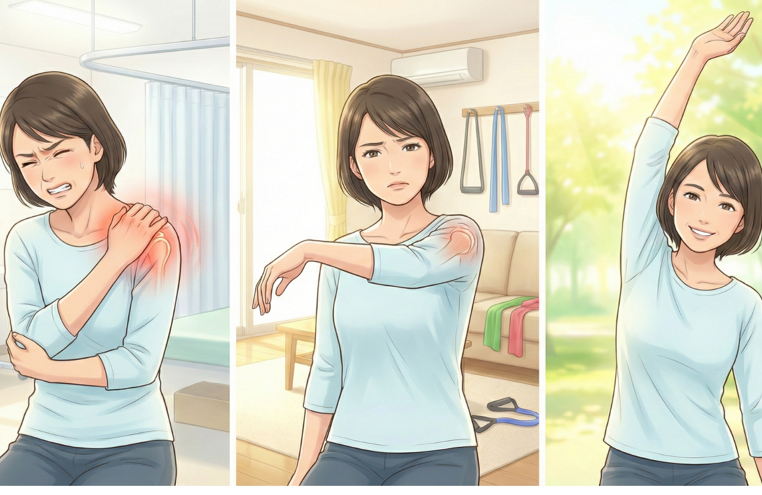 肩に手を当てている30代後半の女性