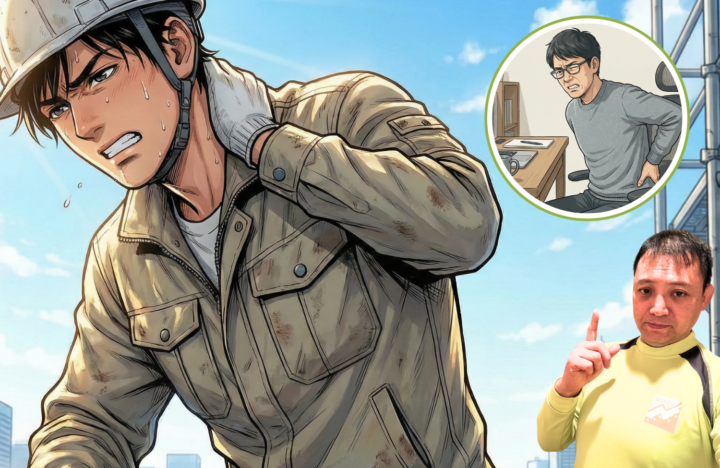 首に手を当てている作業服の男性