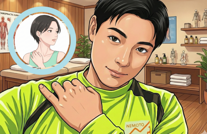 右側の鎖骨に手を当てている男性