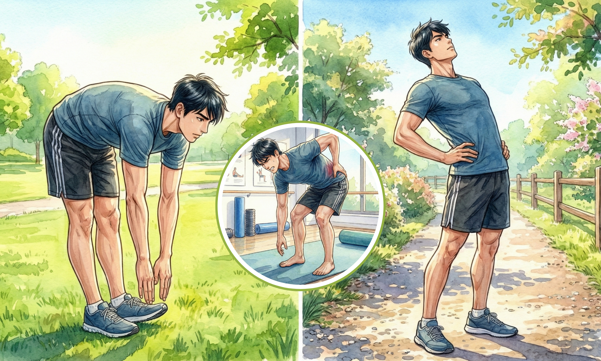 前屈と後屈の動きをしている30代の男性