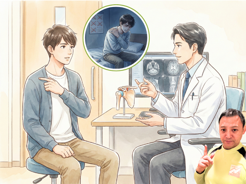 肩に手を当てている40代の女性