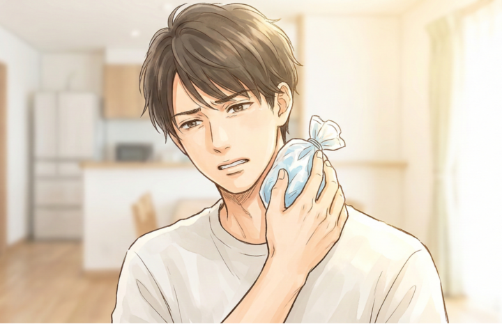 首を冷やしている３０代の男性