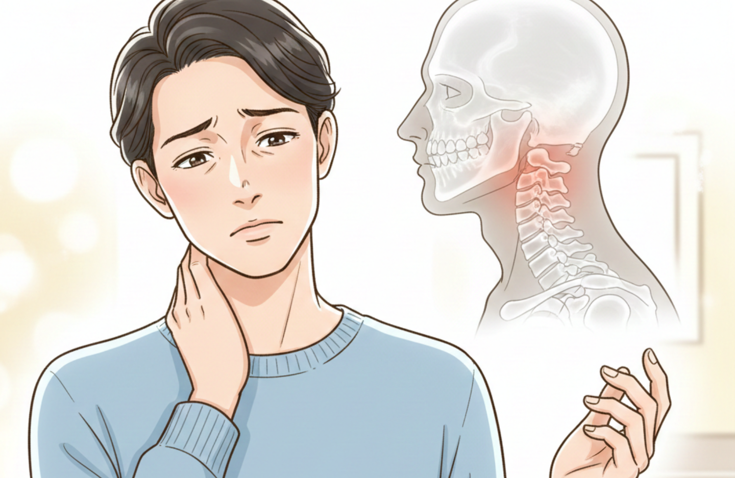 首に手を当てている30代の男性