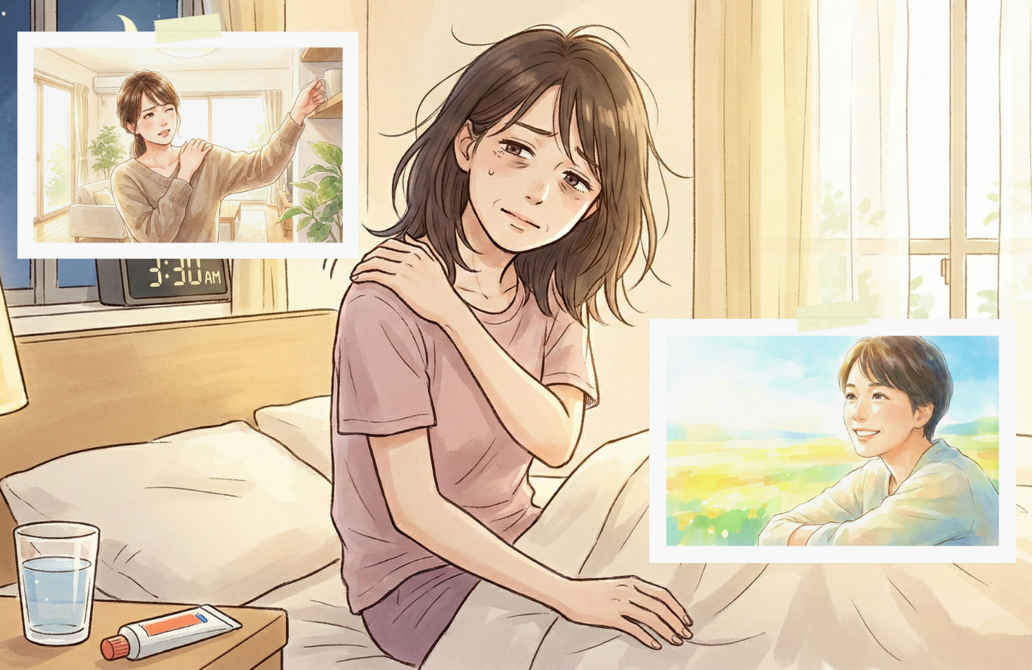 夜中に起きて肩に手を当てている30代の女性