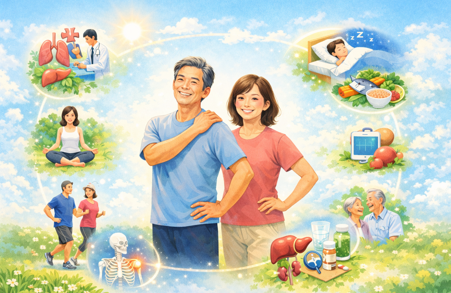 肩と腰に手を当てている４０代後半の男女