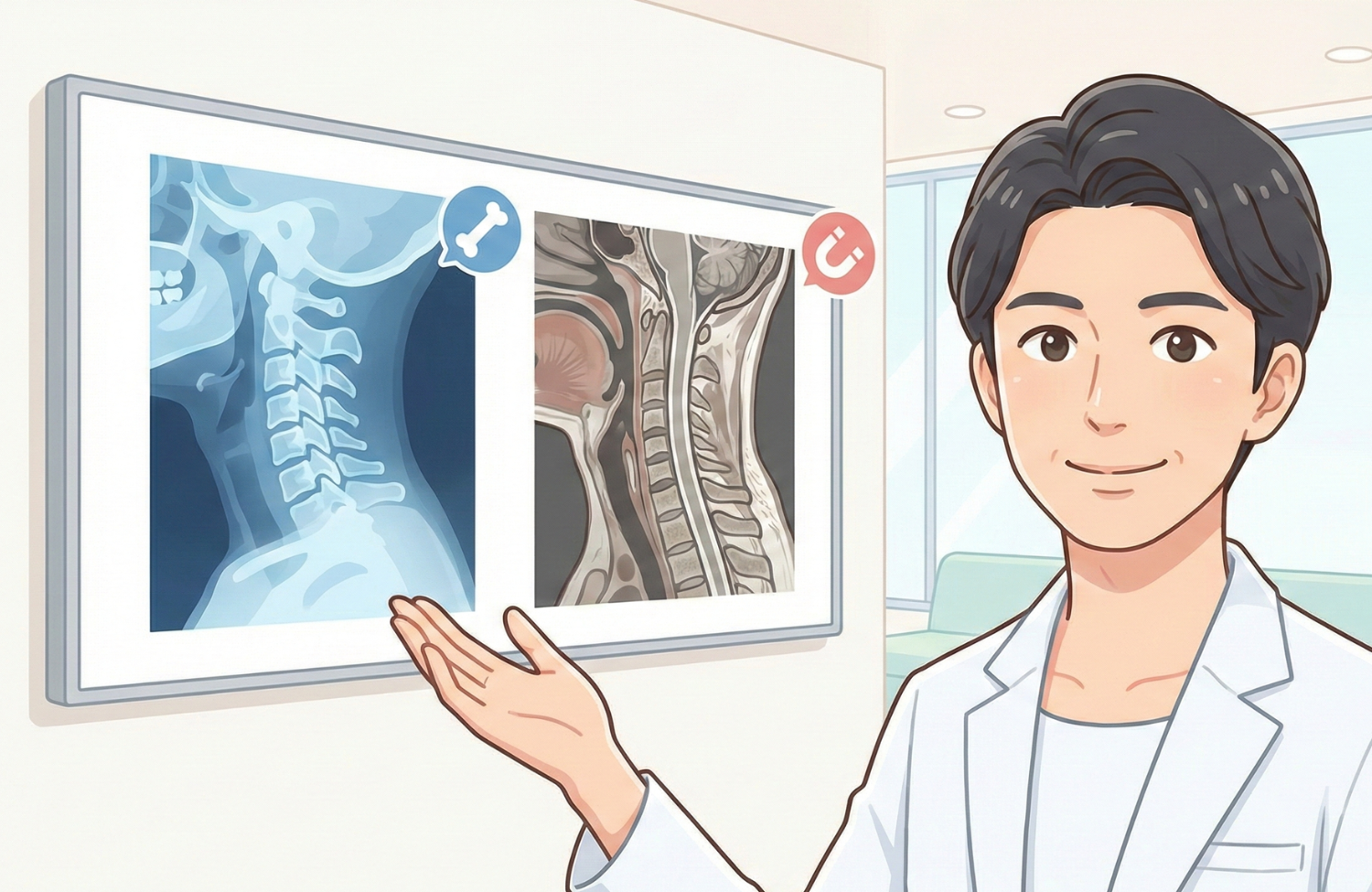 レントゲンとMRIを紹介している40代男性