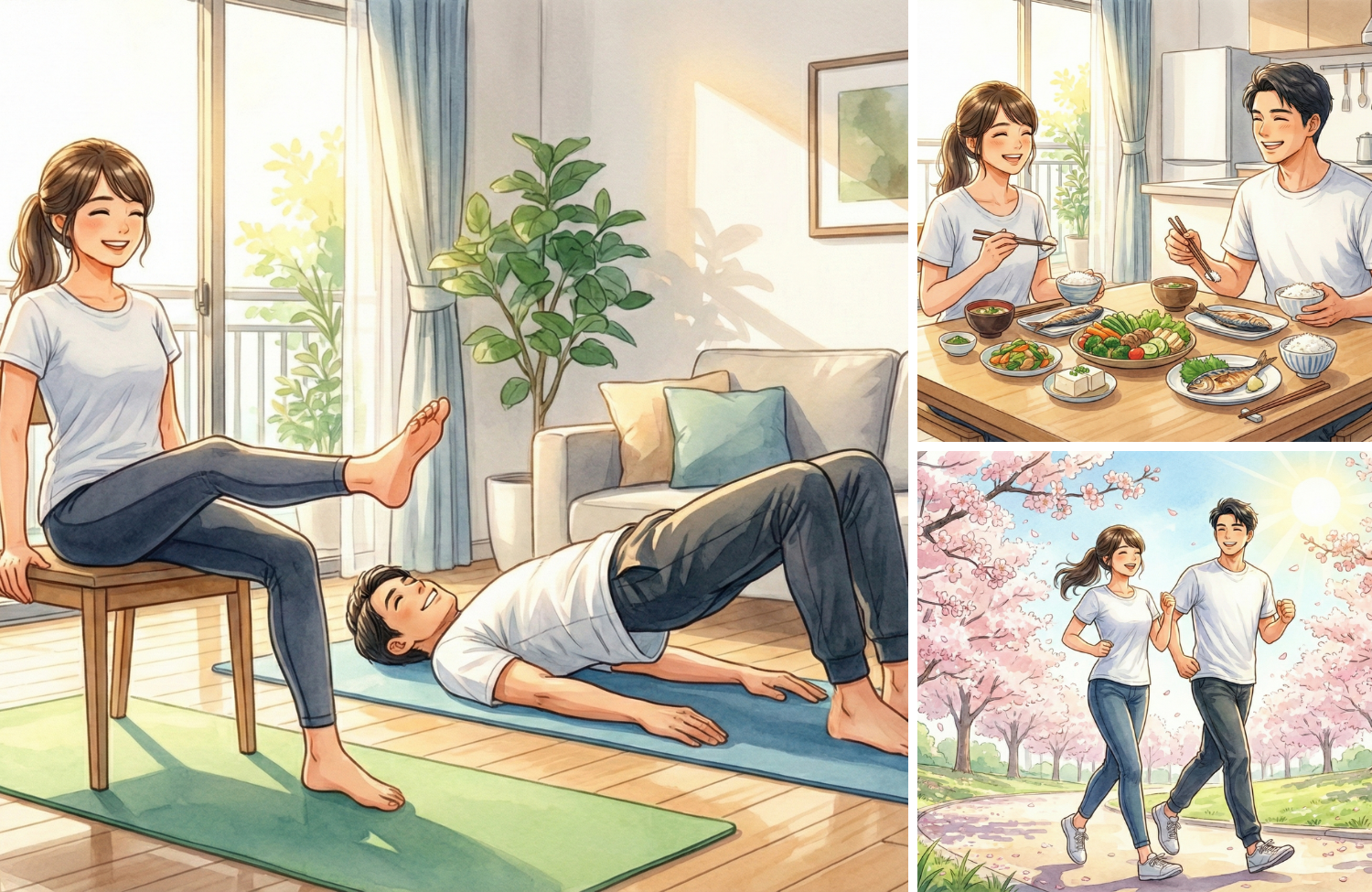 運動・食事をしている30代の男女