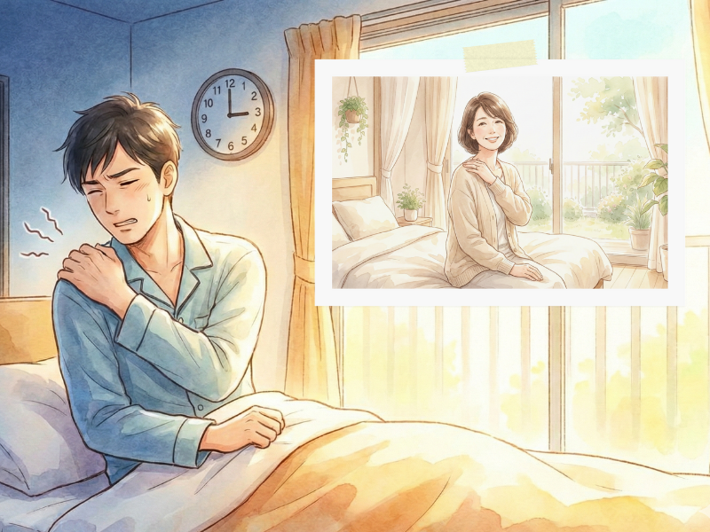 起床時に肩に手を当てている男性