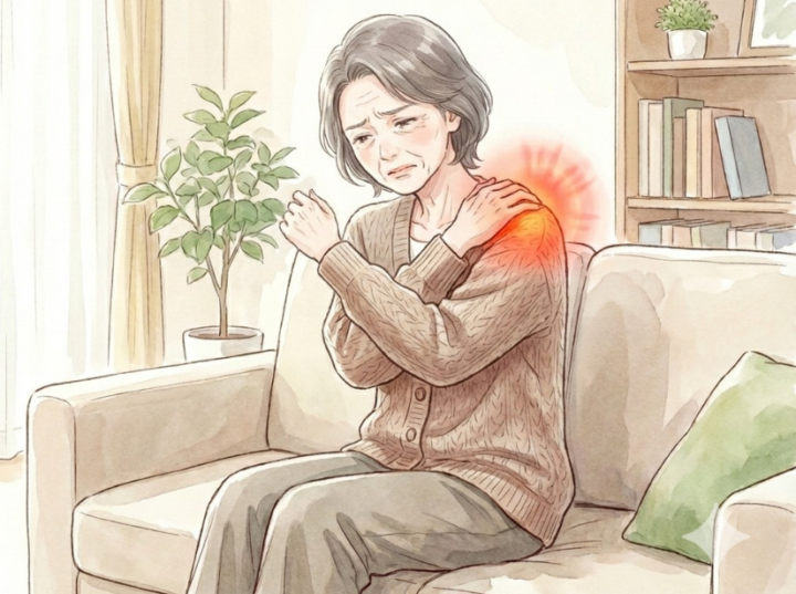 肩をおさえている女性