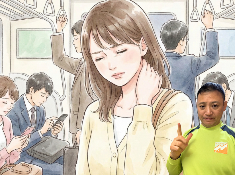 女性が電車内で首を抑えている