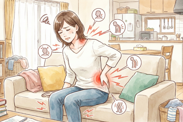 腰に手を当てている40代の女性