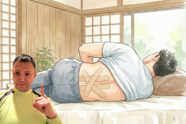 施術後にテーピングをしている男性