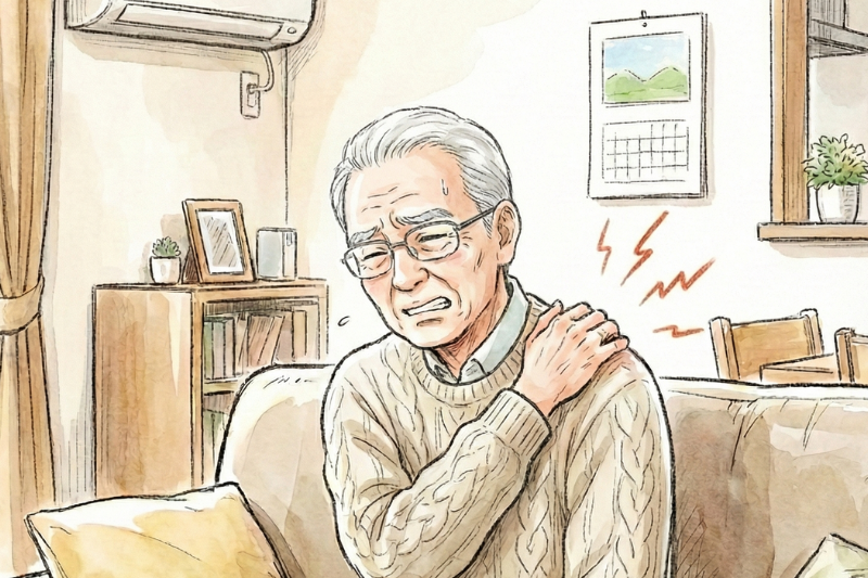 肩をおさえている高齢者男性