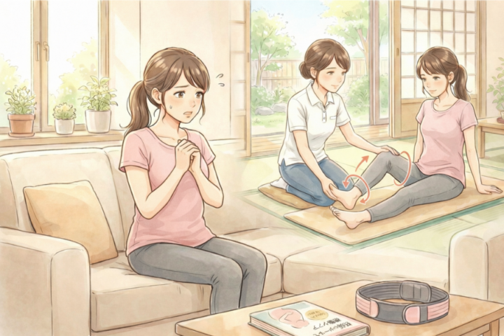 股関節を動かしている３０代女性