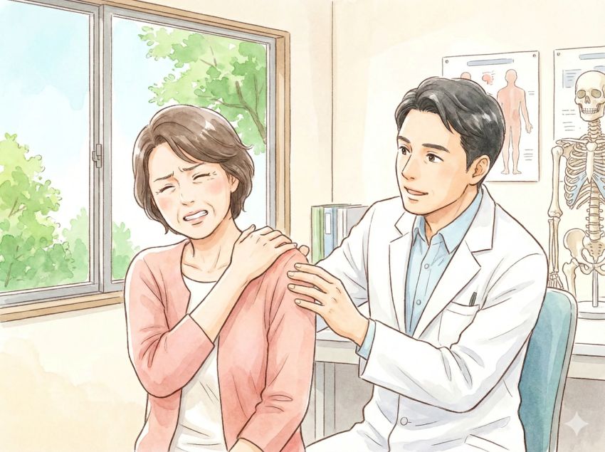 肩をおさえて痛そうな女性