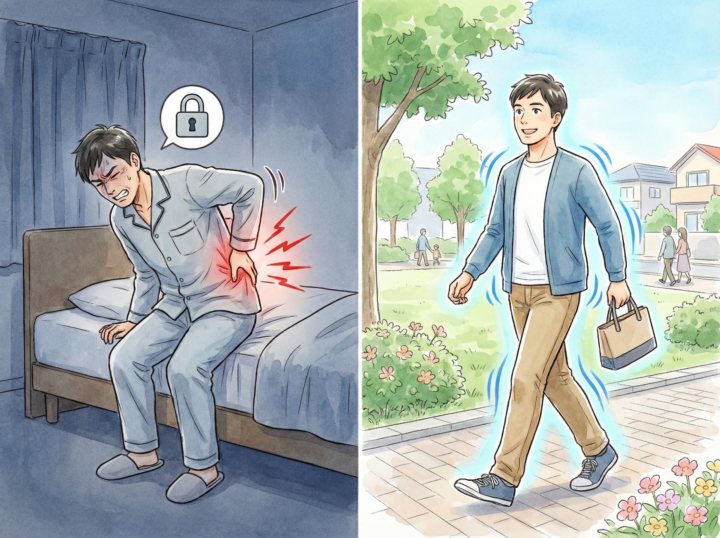 朝起きて腰に手を当てている男性